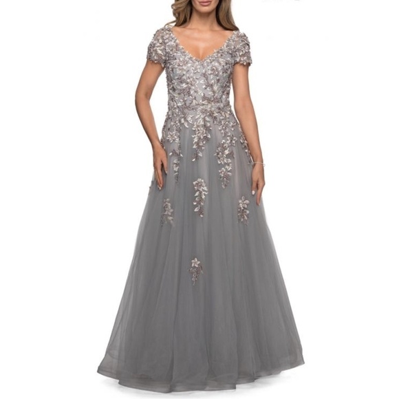 NEW La Femme 27968 Pearl Embellished Floral Embroidered Tulle A Line Gow… - Picture 1 of 4